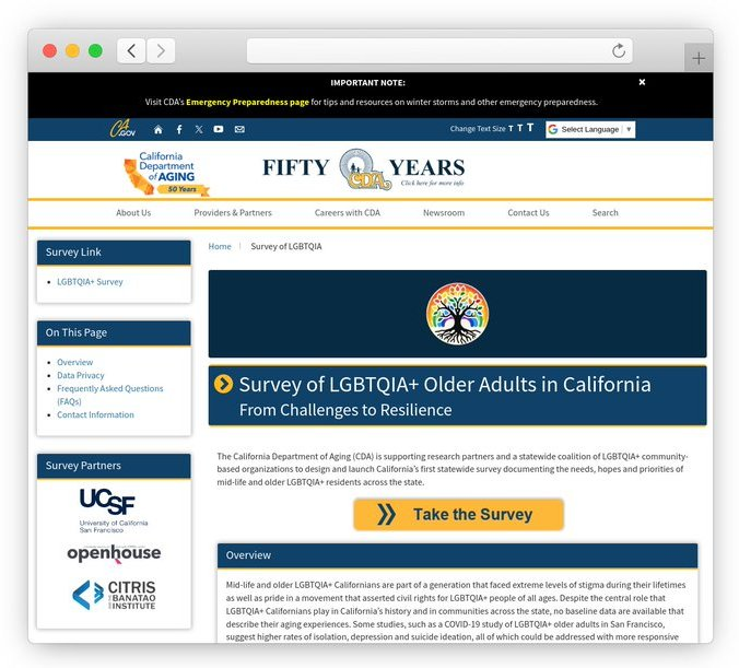 The first-ever statewide survey documenting the needs, hopes, and priorities of older LGBTQIA+ Californians will close this Sunday, March 31st.
aging.ca.gov/Survey_of_LGBT…