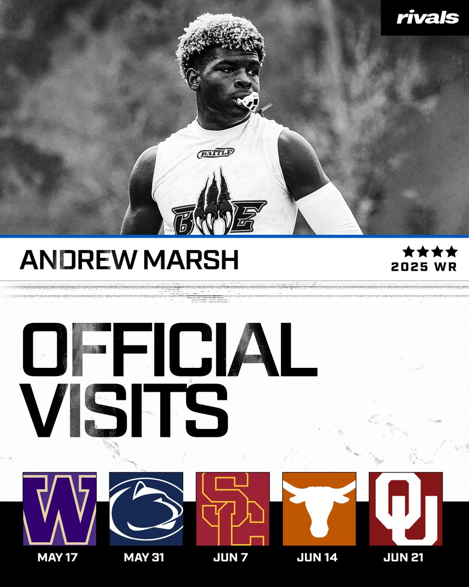 Elite 2025 WR Andrew Marsh has five official visits set for this summer. Marsh is ranked as the No. 34 overall prospect in the country. READ: n.rivals.com/news/five-offi…