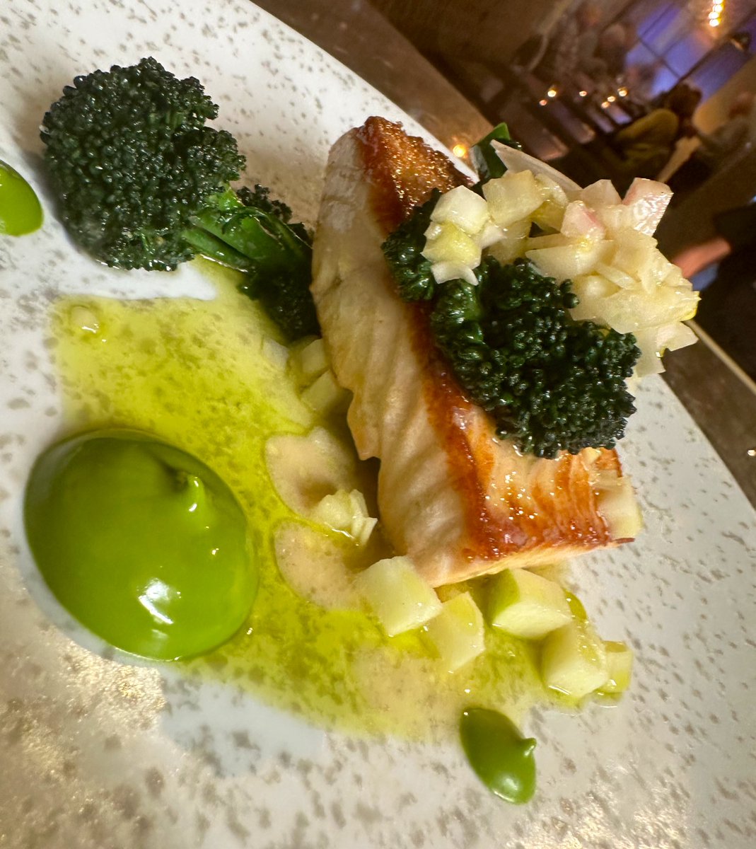 Fresh salmon, purple sprouting broccoli, lovage, celery & apple dressing #proper #spring