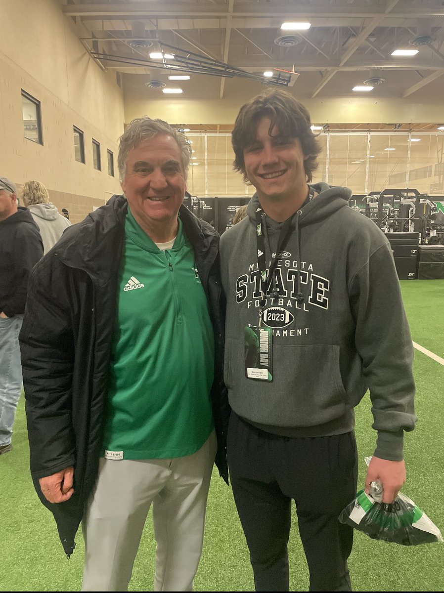 Thank you <a href="/UNDfootball/">North Dakota Football</a> for the Junior Day experience! Had a great time meeting the coaching staff and touring the campus. Go Fighting Hawks!! 🟩⬜️
<a href="/jschwenzfeier/">Joel Schwenzfeier</a> <a href="/BubbaSchweigert/">Bubba Schweigert</a> <a href="/coachflyger/">Austin Flyger</a> <a href="/CoachTomDosch/">Tom Dosch</a>