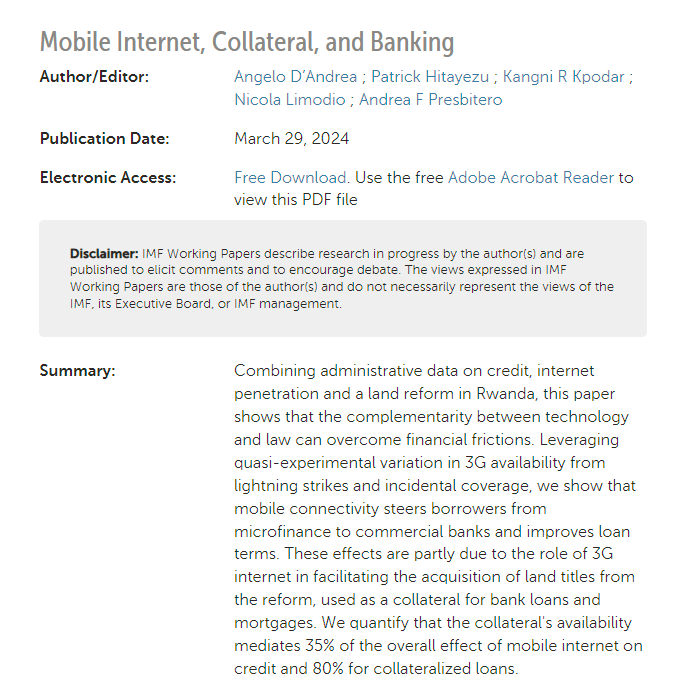 🚨🚨New working paper on the complementarity between technology and law in alleviating financial frictions in low and middle-income countries is finally out! A great joint effort with @angelodandrea8, @NicolaLimodio, Patrick Hitayezu, and Roland Kpodar. A 🧵will follow