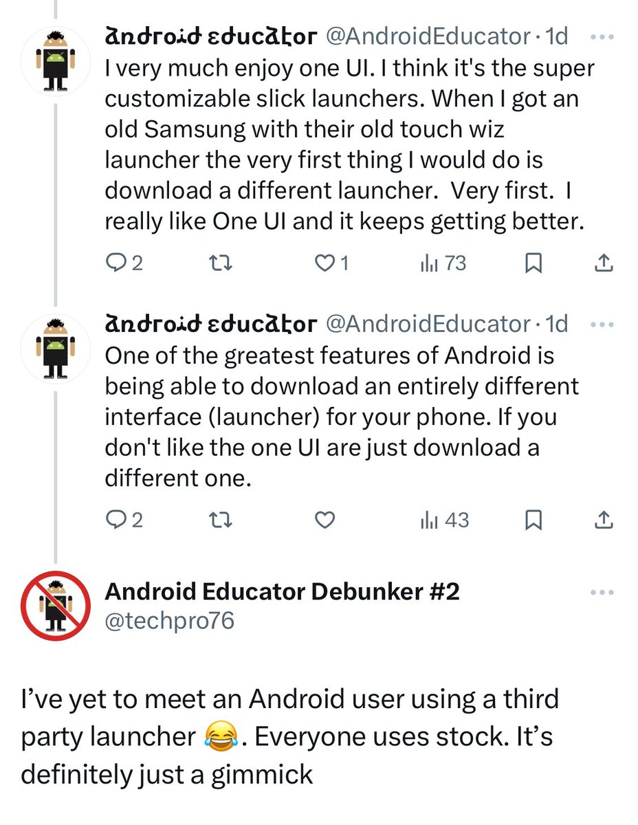 techpro76's tweet photo. @AndroidEducator “If you can’t customize your interface and set your font to something unreadable, your phone is unusable. I don’t care about my phone working properly 100% of the time or my apps crashing, I want my shitty Android to look like an iPhone even though I hate them” 🤣🤡 https://t.co/5JCFHxX7x0