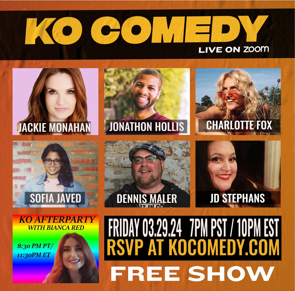 Happy Friday! We've got a great show for you tonight. Hangout with Bianca Redd when the show ends for KO Afterparty! Get your free Zoom link at KOComedy.com or watch on Twitch with @comedyhublive #KO #Friday #Afterparty #LOL
