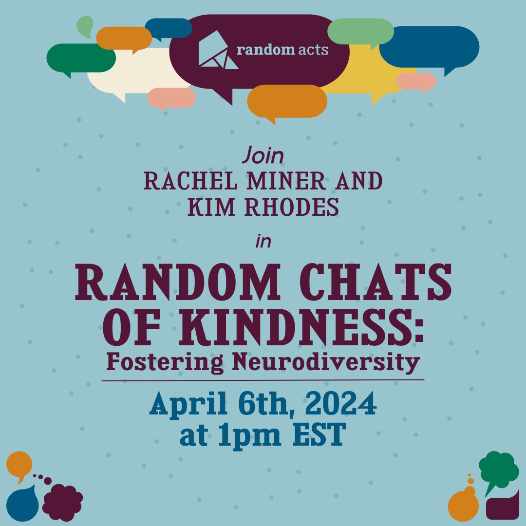 Have you signed up for the #RandomChatsOfKindness event happening next Saturday, April 6th, at 1pm EST? The topic is Fostering Neurodiversity in Society. @RachelMiner1 and @kimrhodes4real would love to see you there! Sign up here: bit.ly/3VCdOo1 💙 💚