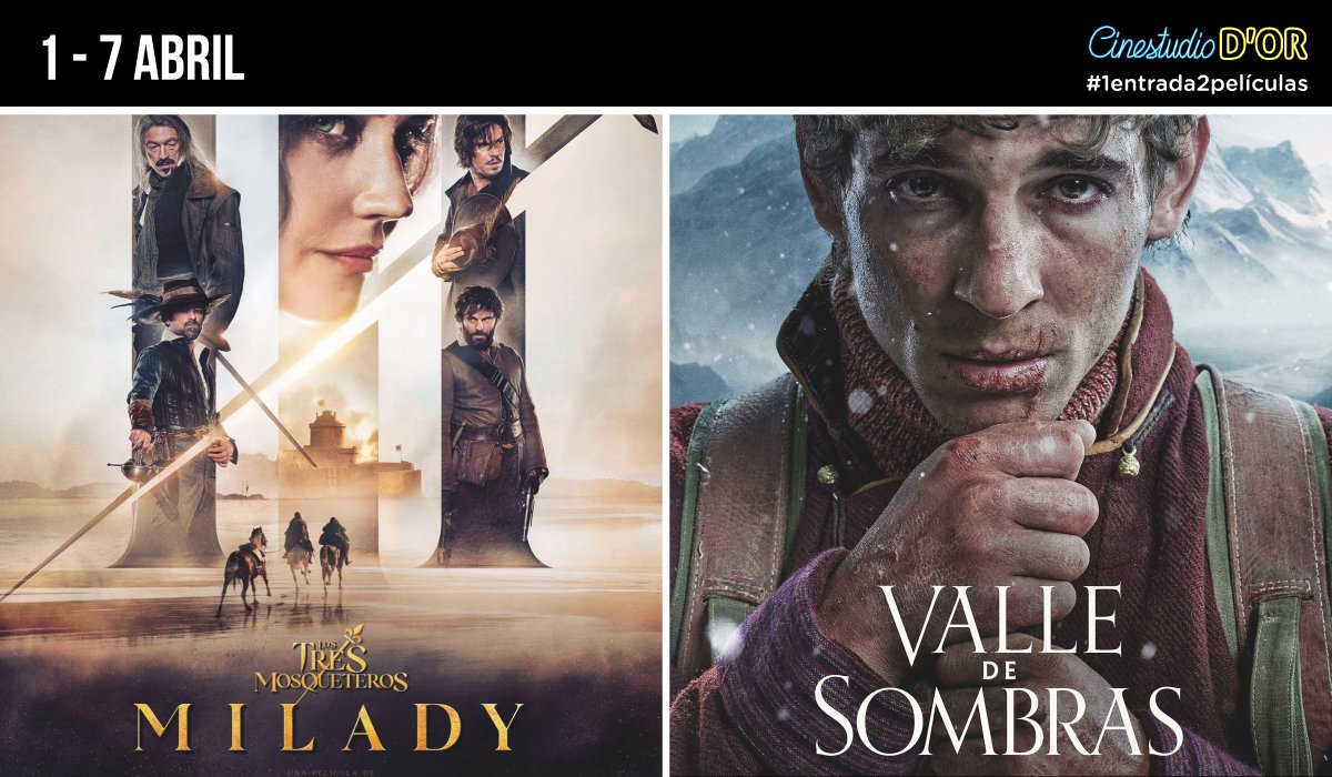 Hoy martes es nuestro #DíaDelEspectador entrada 🎫 3,5€
#CineSenior (mayores de 65)🎫 2€

16:15h. #LosTresMosqueteros #Milady
18:15h. #ValleDeSombras
20:20h. #LosTresMosqueteros #Milady
22:20h. #ValleDeSombras

#1entrada2películas
cinestudiodor.es