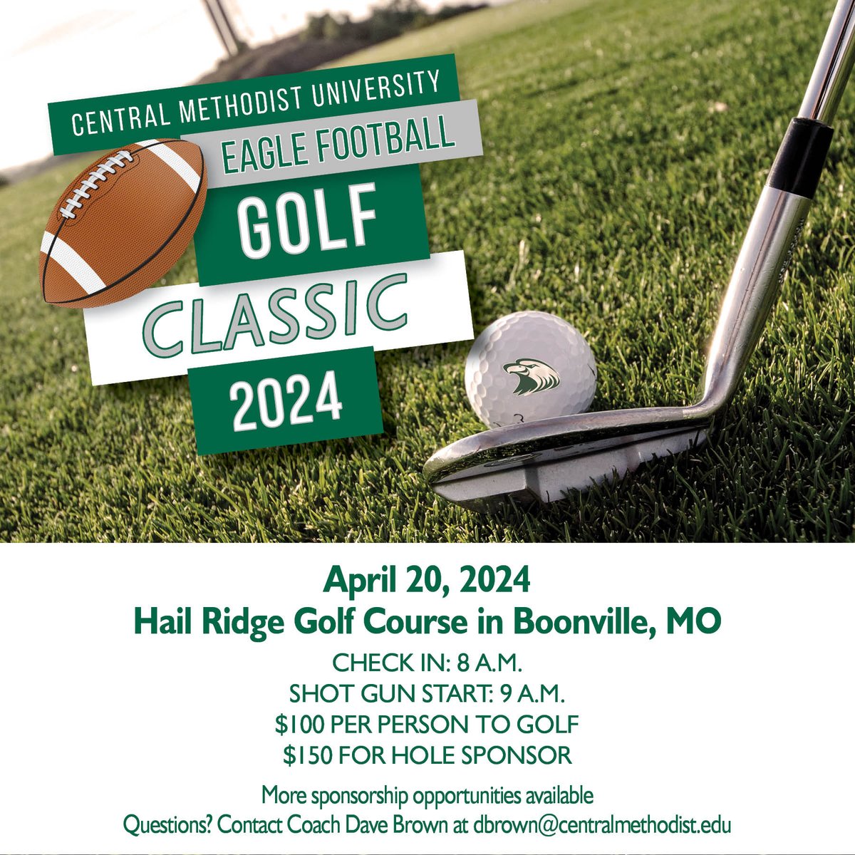 Only 3 more weeks until the First Annual Eagle Football Golf Classic! Spaces still available to play. If you can't make it & would still like to support, we have multiple sponsorship levels. All proceeds will benefit our 2024 roster. Registration at CentralAlumniEvents.com
