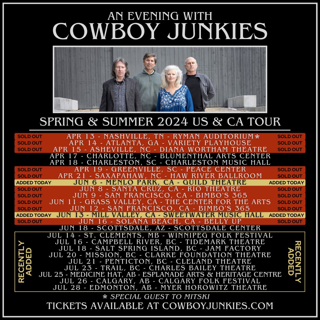 We just added 2 shows today! We also recently added some July shows in Canada! Tickets on sale now at cowboyjunkies.com/tour Looking forward to seeing more of you soon!