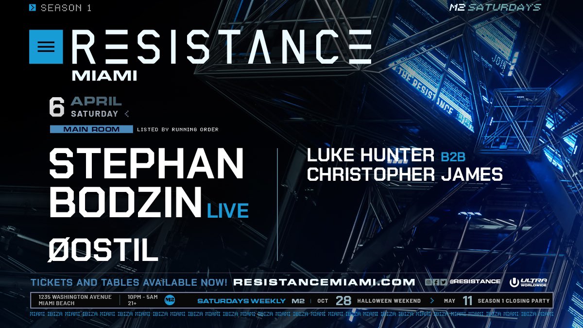 Miami Music Week was insane and we’re jumping right back into things next Saturday! Join us April 6, as we welcome @stephanbodzin to the RESISTANCE Miami Main Room with @oostil and @LukeHunterMusic b2b Christopher James at @M2_Miami_! Tickets ➡️ resistancemiami.com/tickets