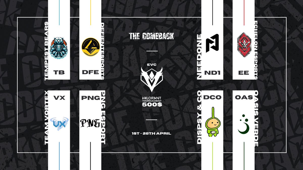 🔥Announcing the next 8 teams to compete in  
EVC | The COMEBACK -
--------------------  --------------------
#TempestBears      | #DefientEsports
--------------------  --------------------
#PNGeEsports        | <a href="/TeamVortex_EMEA/">Team Vortex</a>
--------------------  --------------------