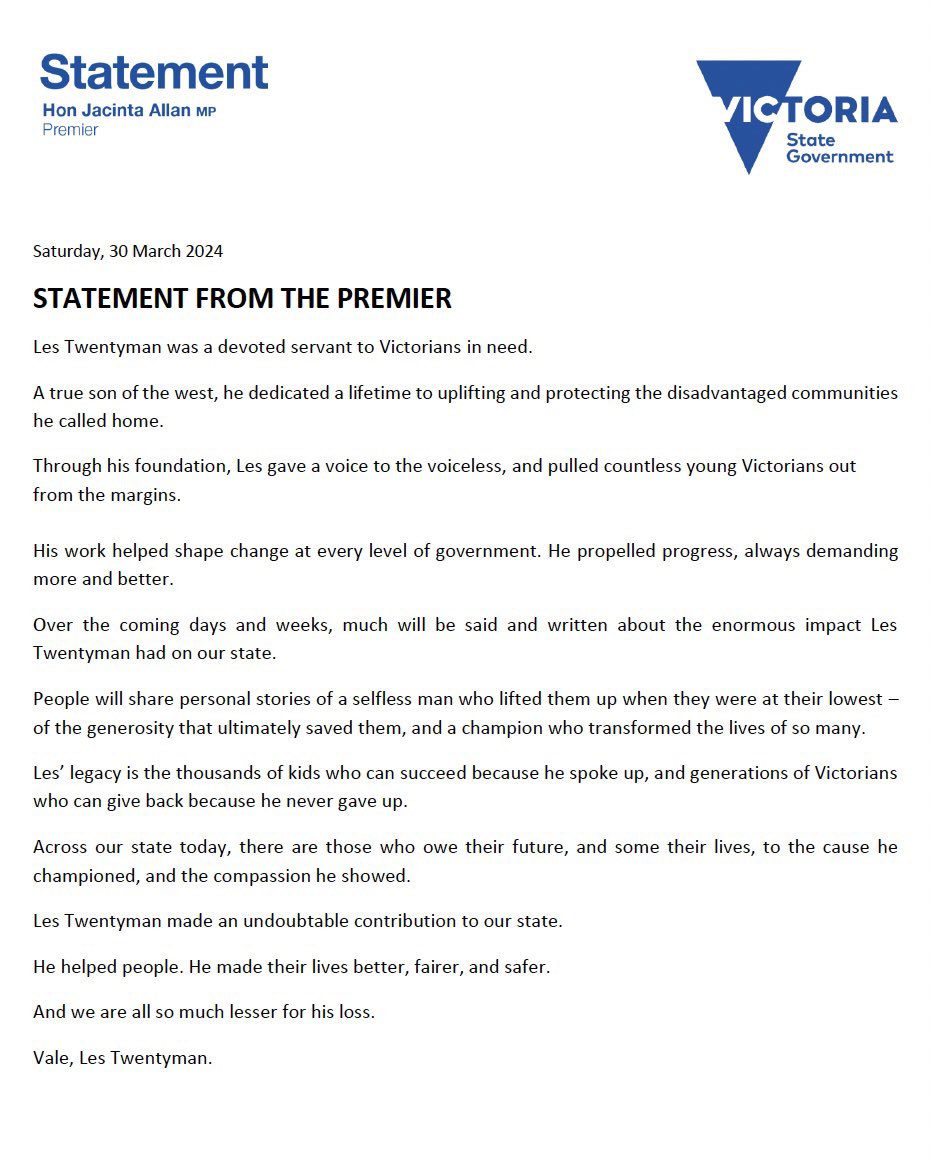 Statement from the Premier on the passing of Les Twentyman.