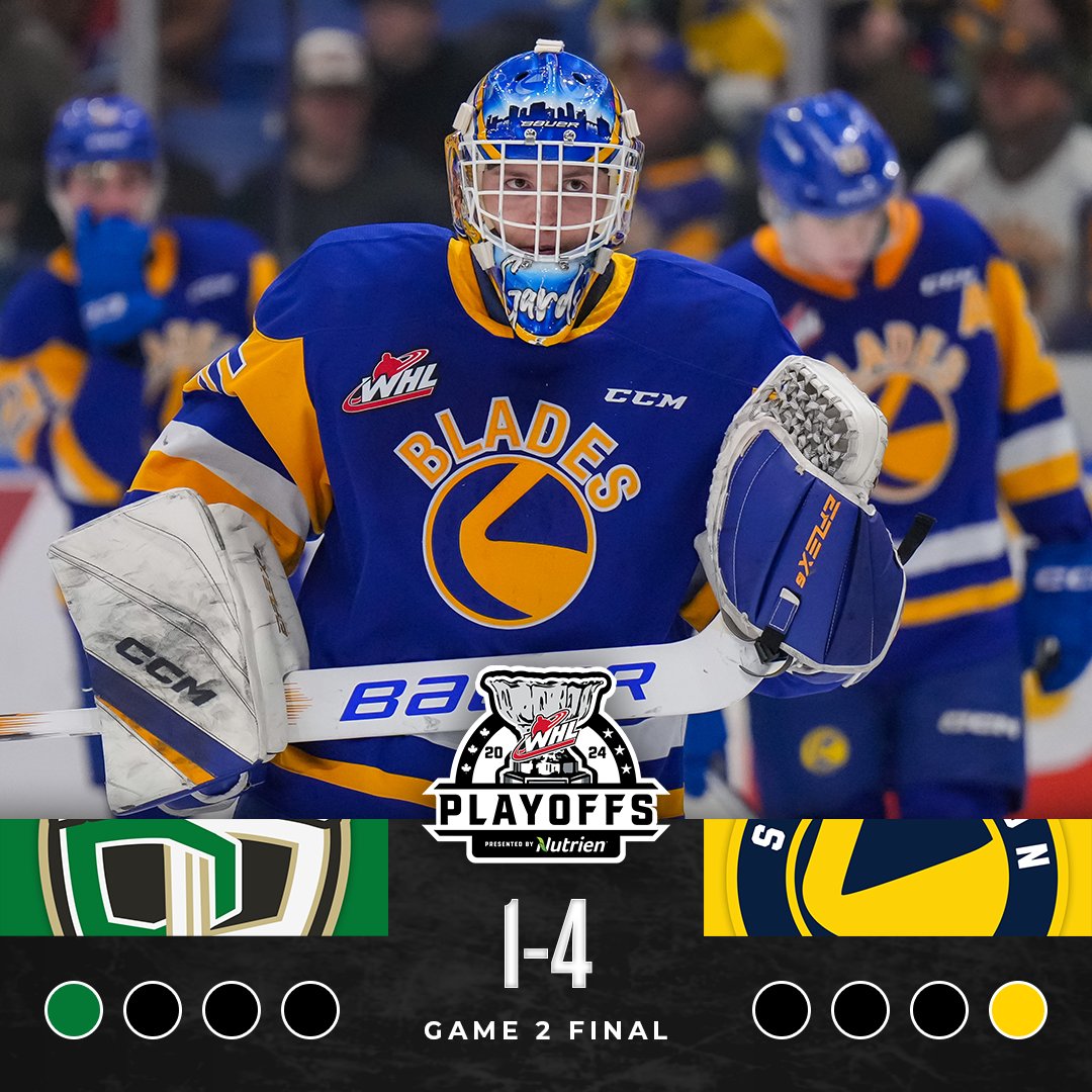 TheWHL's tweet photo. All tied up. 

@BladesHockey comes up with a huge response in Game 2!

Game 3 is set for April 2 at the Art Hauser Centre 🚨

#WHLPlayoffs | #FeedtheFuture https://t.co/96YhqDQ3xV