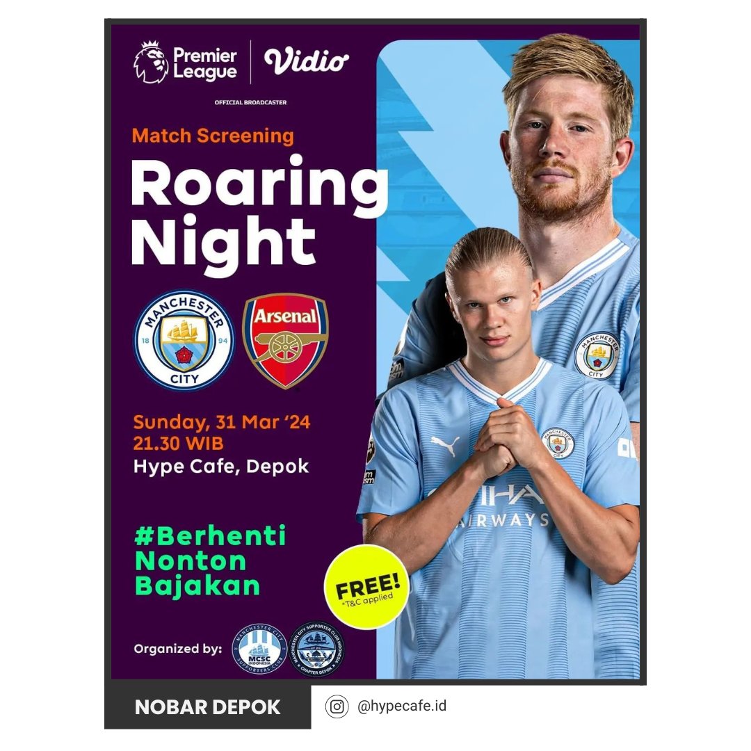 #nobardepok Manchester City vs Arsenal
w/ <a href="/MCSCI_Depok/">Decitizens</a> 
🗓️ Minggu, 31 Maret 2024
🕘 21.30 WIB (OG)
📍 Hype Cafe Depok
📞 089-7911-3044 (Dowie)

#eventdepok #infodepok #depok