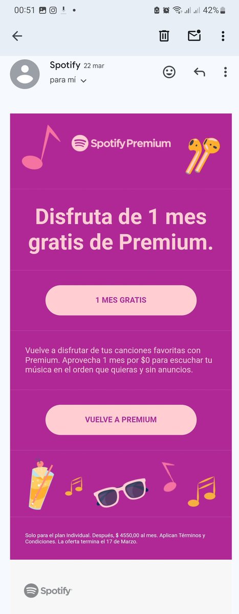 Clinconir's tweet photo. @SpotifyChile me llego un correo de una super promoción, de un mes gratis en premium.  El correo me llegó el 22 de marzo y la promo vencía el 17 de marzo 😄, un chiste https://t.co/wZJmC8ysVN