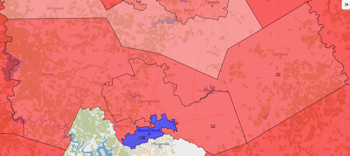 Redrew HD20, HD52, and HD136 using 2010 census data.

Comprised of Williamson, Burnet and Milam counties.

Rep. Terry Wilson (R-HD20): Trump +17
Rep. Caroline Harris-Davila (R-HD52): Trump +17
Rep. John Bucy III (D-HD136): Biden +22.5

Would the R districts stay R long term? 🤔