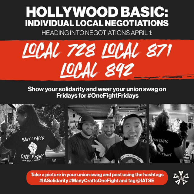 Join in for #OneFightFridays! Wear your union swag, snap a photo and tag your local, @iatse & #manycraftsonefight #iasolidarity to show support for your local & Locals 728, 871, and 892's negotiating teams who are heading into negotiations April 1st 💪✊