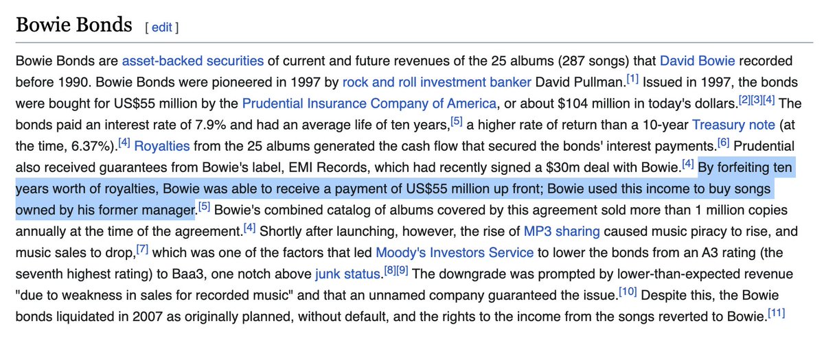 David Bowie really was ahead of his time on so many levels.

He launched a bond backed by royalties from his songs, yielding 7.9% - and then bought back the rights to his music!

This would have been done on a blockchain today.