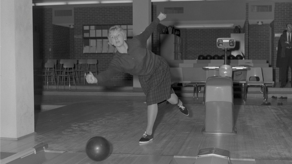 Join us in a throwback to Mar. 29, 1963, as student Ruth Hofmeister hits the lanes for some fun. Come and visit our campus bowling alley today! #FlashbackFriday #Maverickbullpen