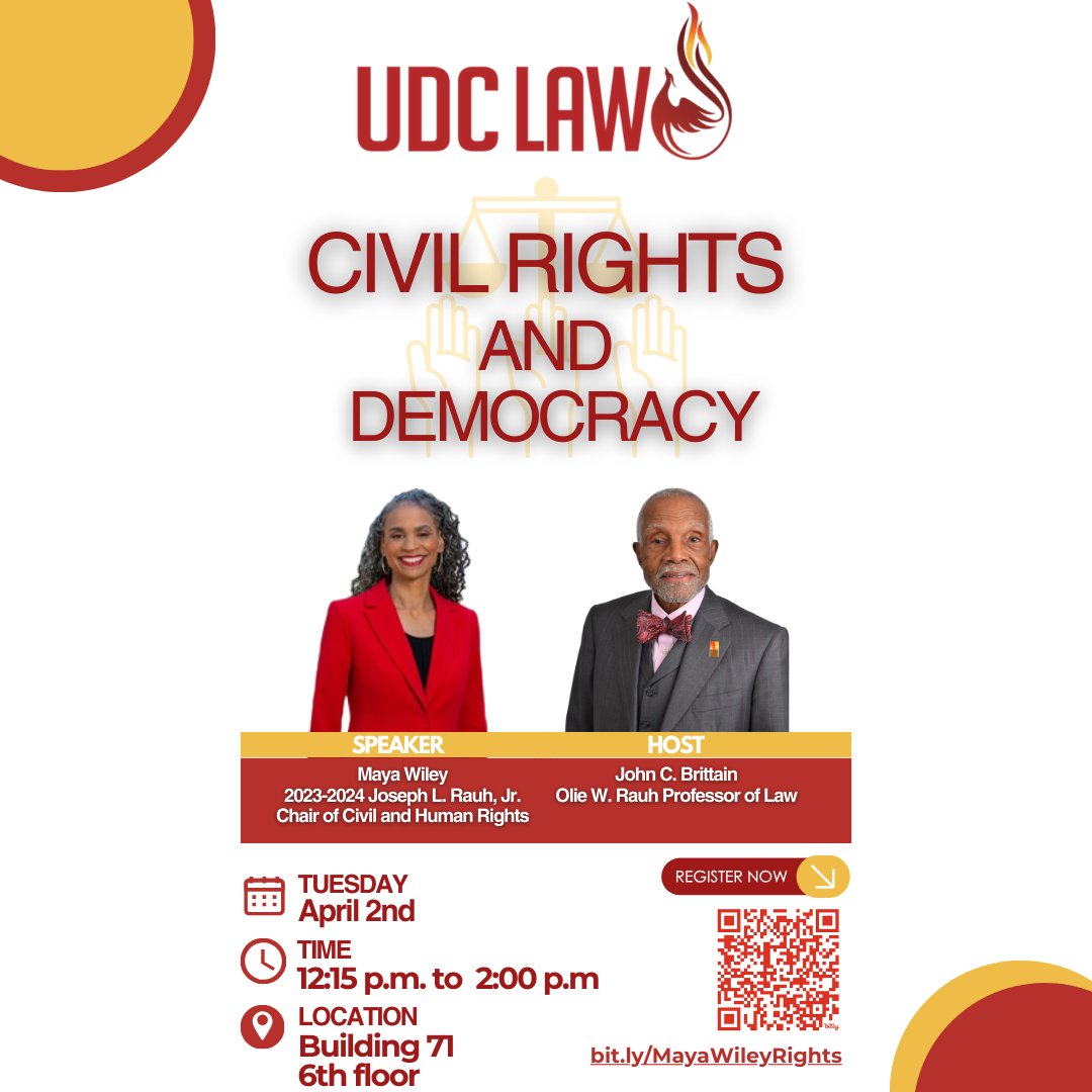 Join Maya Wiley, the 2023-2024 Joseph L. Rauh Jr. Chair of Civil and Human Rights, and John C. Brittain, Olie W. Rauh Professor of Law, for a discussion on Civil Rights and Democracy on April 2nd. #UDCLaw Register Here: law.udc.edu/event/civil-ri…
