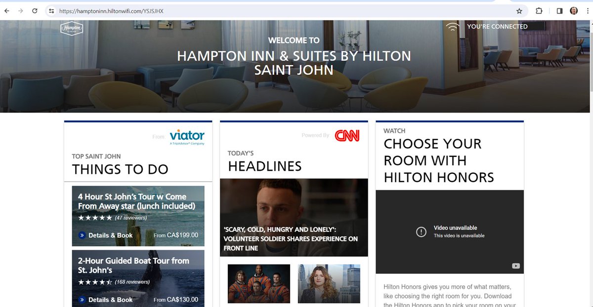 Funny. Staying at a Hilton property in Saint John, New Brunswick/YSJ, but the wifi splash page thinks I am in St. John's/YYT, Newfoundland and Labrador! Look at the list of Things To Do. <a href="/HiltonHonors/">Hilton Honors</a> <a href="/HamptonByHilton/">Hampton by Hilton</a> <a href="/HiltonHotels/">Hilton Hotels</a> <a href="/VisitSaintJohn/">Discover Saint John</a> @CityofStJohns