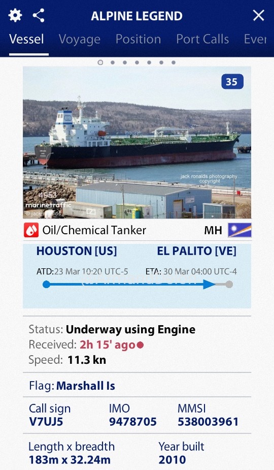 Tanquero Alpine Legend en ruta a Refinería El Palito, #Venezuela desde Houston, U.S. cargado de combustibles para la estatal militar PDVSA, la dictadura izquierdista venezolana very happy. 🤔

#29marzo #oilandgas #fuel