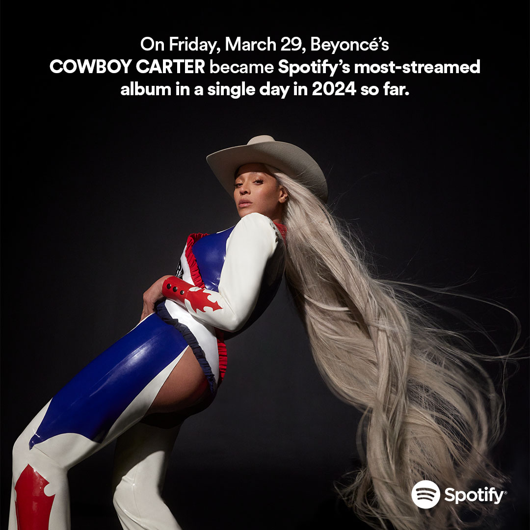 Spotify's tweet image. On Friday, March 29, Beyoncé's COWBOY CARTER became Spotify’s most-streamed album in a single day in 2024 so far. This is also the first time a country album holds the title this year.