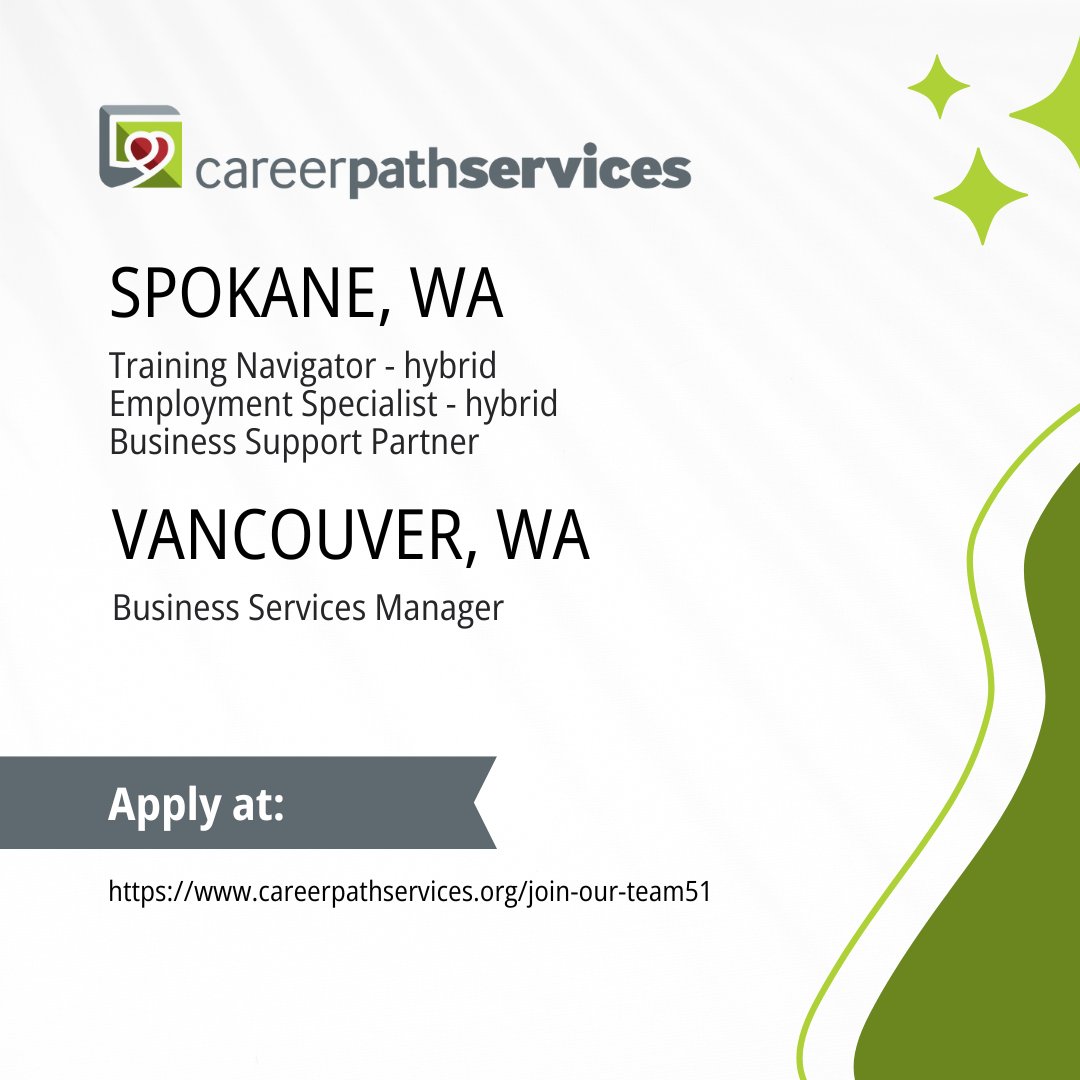 Career Path Services in Spokane and Vancouver Washington is hiring! We're seeking passionate, creative individuals to join our diverse team. Bring your unique talents to empower people and enrich communities. ❤️

Apply at: careerpathservices.org/join-our-team51