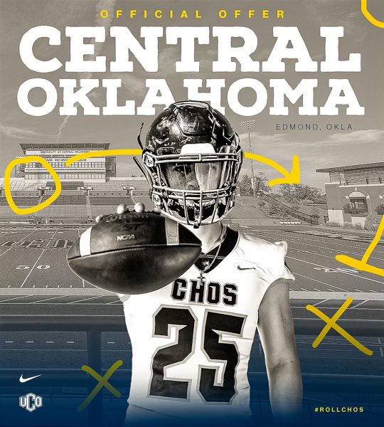 #AGTG After a great conversation with @CoachDDudley I’m blessed to receive an offer from the University of Central Oklahoma 💙💛 #RollChos @Coach_Brooks314 @_CoachNeal_