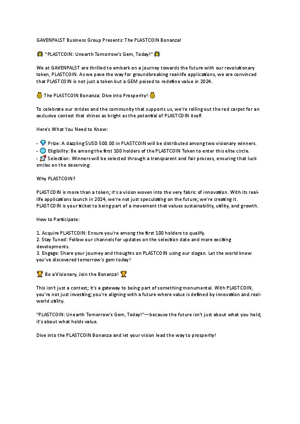 plastcoin's tweet photo. 💰 The PLASTCOIN Bonanza: Dive into Prosperity! 💰

#BTC #ETH @BINANCE @Bitcoin 

- 💎 Prize: A dazzling $USD 500.00 in PLASTCOIN will be distributed among two visionary winners.
- 🌐 Eligibility: Be among the first 100 holders of the PLASTCOIN Token to enter this elite circle. https://t.co/vAU7Ryi2uB