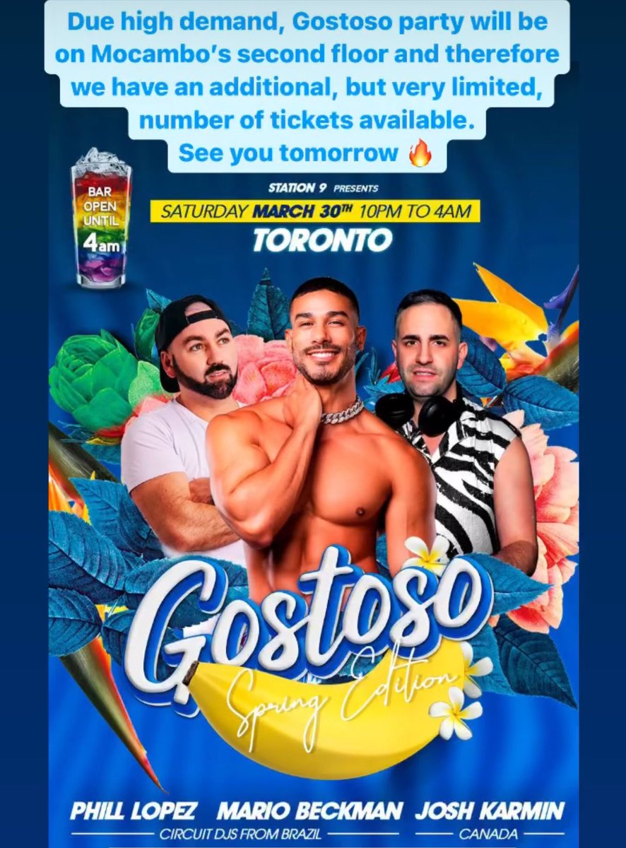 TOMORROW 
Gostoso Party is back in Toronto.
The best Brazilian circuit party with a Brazilian superstar Dj Mario Beckman.

Few tickets available: 
eventbrite.com/e/817634586057…

#GayToronto #TorontoGay #GayVillage #ChurchWellesley #QueerToronto #CircuitParty