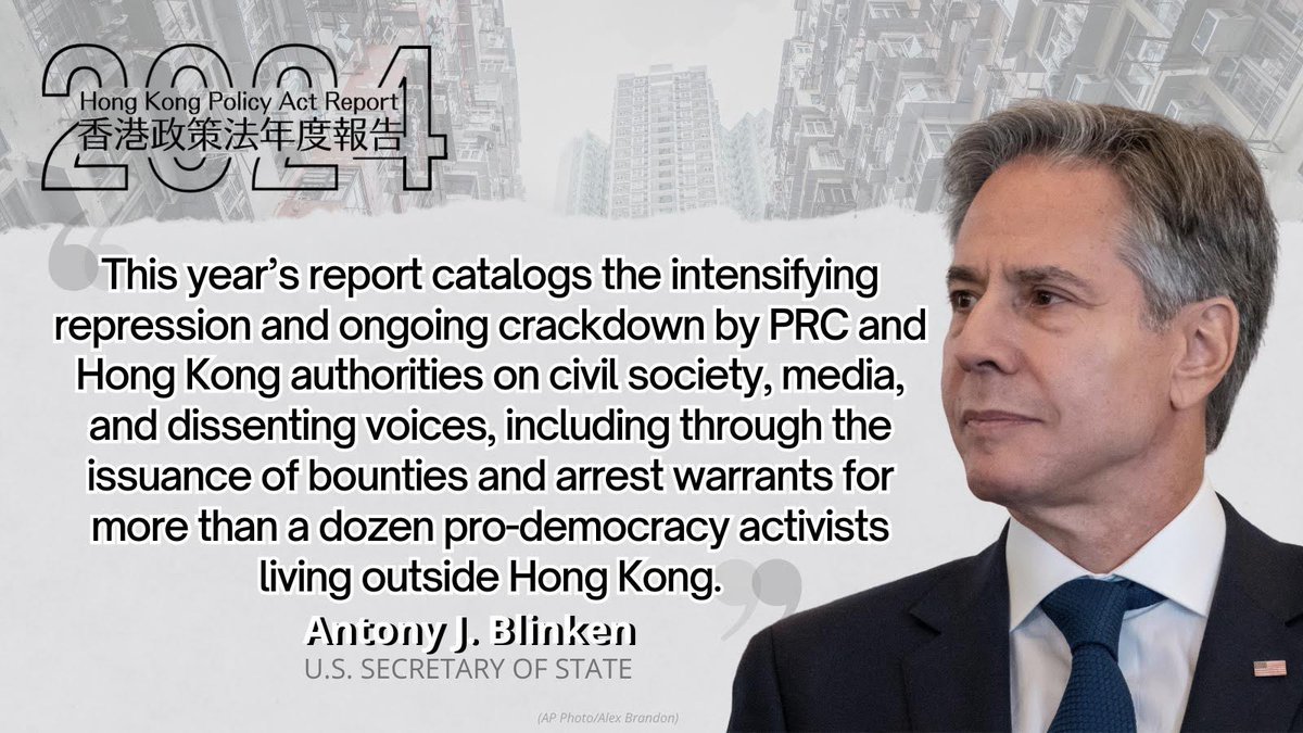 The Department of State has released the 2024 Hong Kong Policy Act report. This annual publication provides a comprehensive assessment of Hong Kong's autonomy. Read Secretary of State Antony Blinken's conclusions and access the report here: hk.usconsulate.gov/n-2024032902/