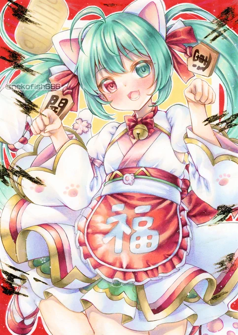 初音ミク✕招き猫。猫の日に間に合わなかったけど、やはりこの衣装が好きで描きました。2年前買った箔押しとアクリル絵具も久しぶり使ったオーロラ効果が綺麗#初音ミク#アナログ#コピック 