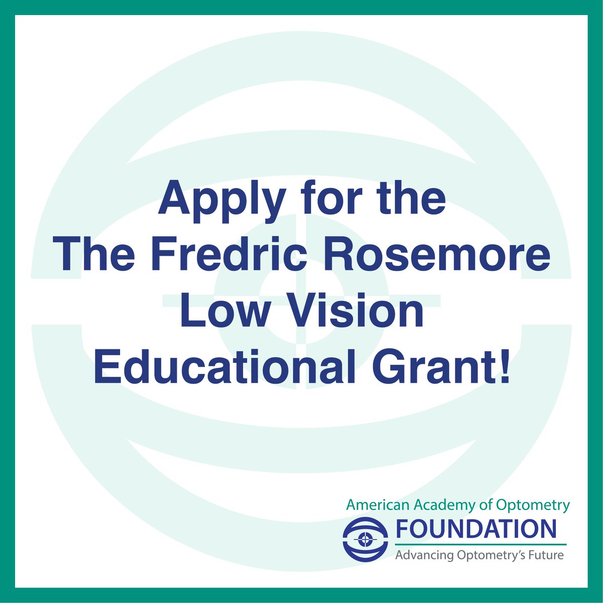Applications for The Fredric Rosemore Low Vision Educational Grant are now open. The application window closes June 3, 2024. Click here for more information: bit.ly/3TxD4ch #Optometry #Fellows