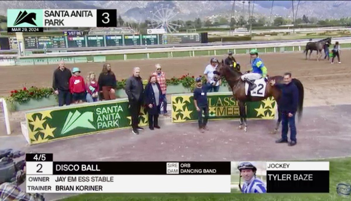 DISCO BALL GETS WIN #3!!! 7G Disco Ball (ORB-Dancing Band) finally breaks his “so close” streak with @tyler_baze to win the 6.5f R3 @santaanitapark for @jayemesssam for Victory #3!!! He’s now 21-3-7-6 with 76% ITM!!! 🏇🏆🥳