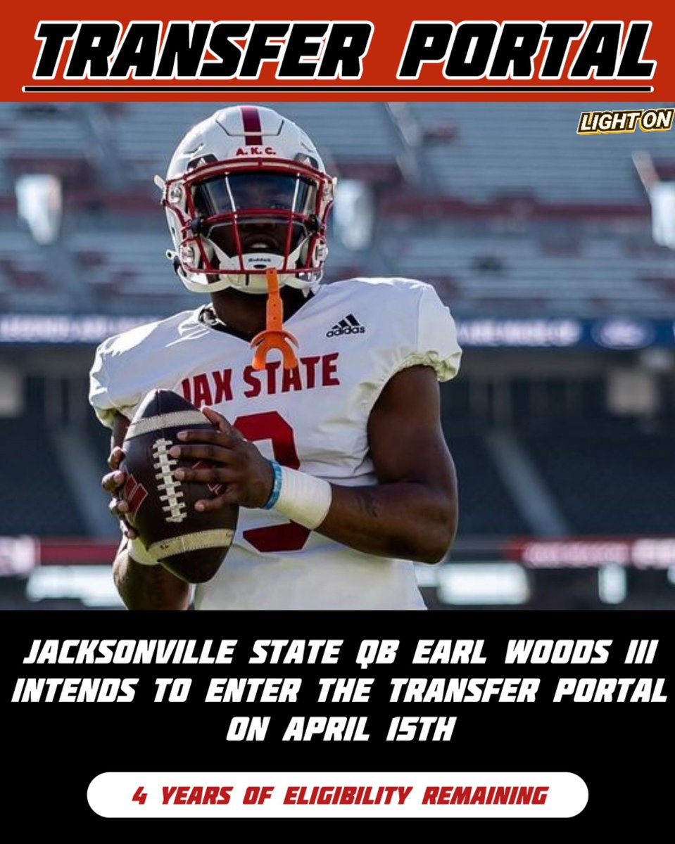 Jacksonville State QB Earl Woods III intends to enter the transfer portal, per his social media. He's a redshirt freshman with 4 years of eligibility remaining. The Hueytown, AL native signed with Jax State as a 2023 3-Star recruit, while also being named the 2021-22 Alabama…