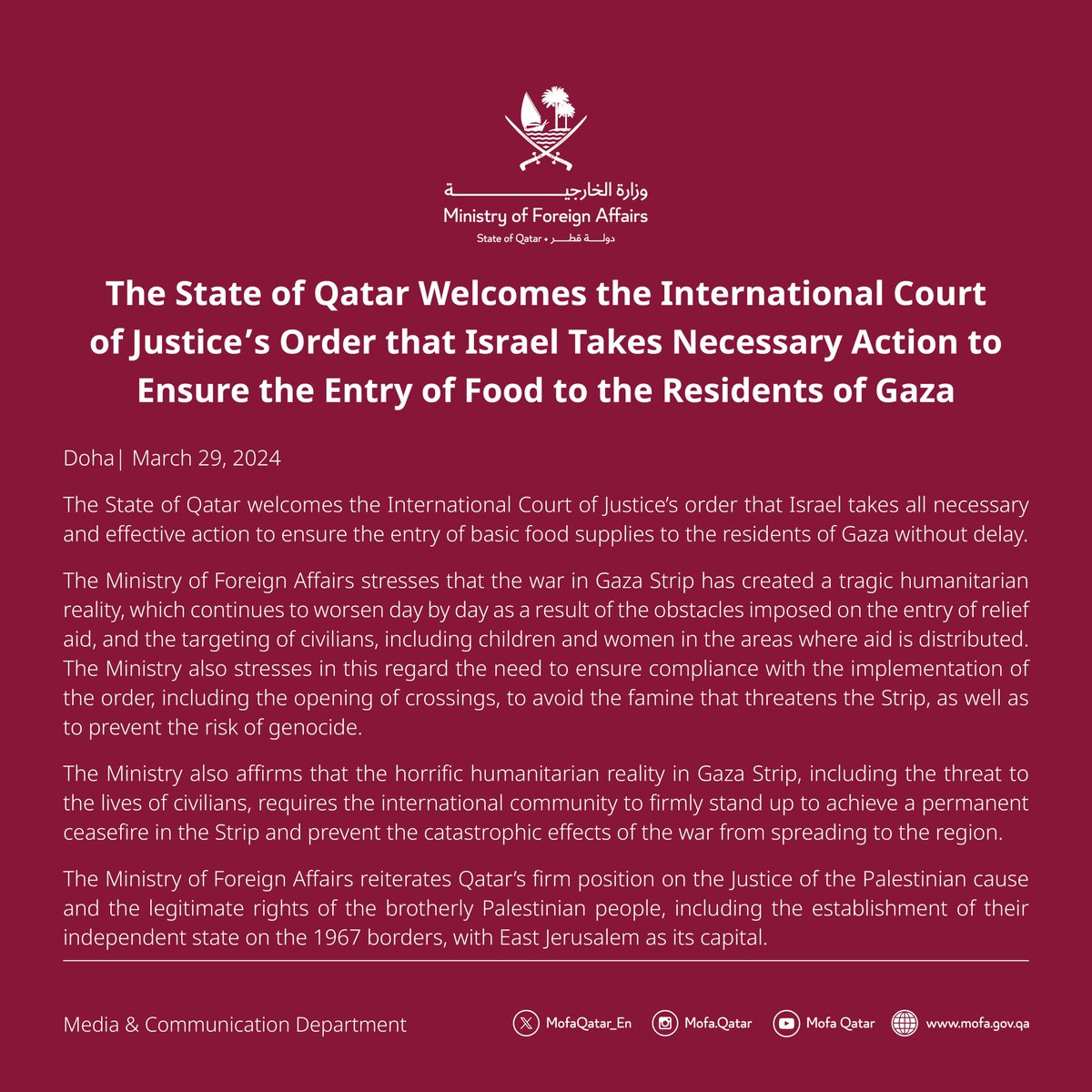 Statement : The State of Qatar Welcomes the International Court of Justice’s Order that Israel Takes Necessary Action to Ensure the Entry of Food to the Residents of Gaza #MOFAQatar