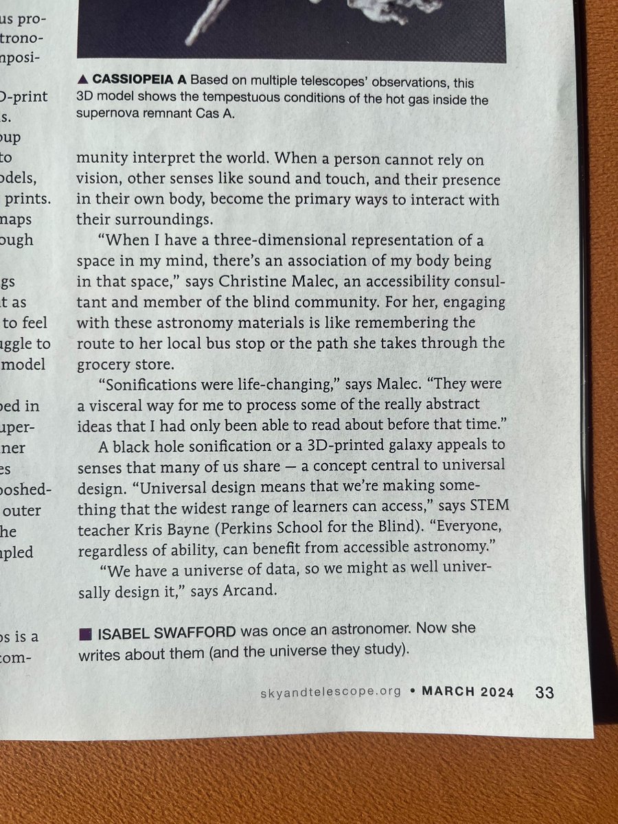 IT'S HERE! 'Seeing the Universe Without Sight,' my feature for Sky & Telescope's March 2024 issue. My deepest thanks to my sources who shared their lived experiences with me and allowed me to tell a part of their story. isabelswafford.godaddysites.com/writing #sonification #accessibility