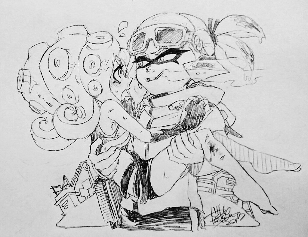 「はっ、離せ!」
「ケガしてるだろ、大人しくしてろ」
4号とタコゾネス(アナログ再掲)
#Splatoon2 #splatoonart 