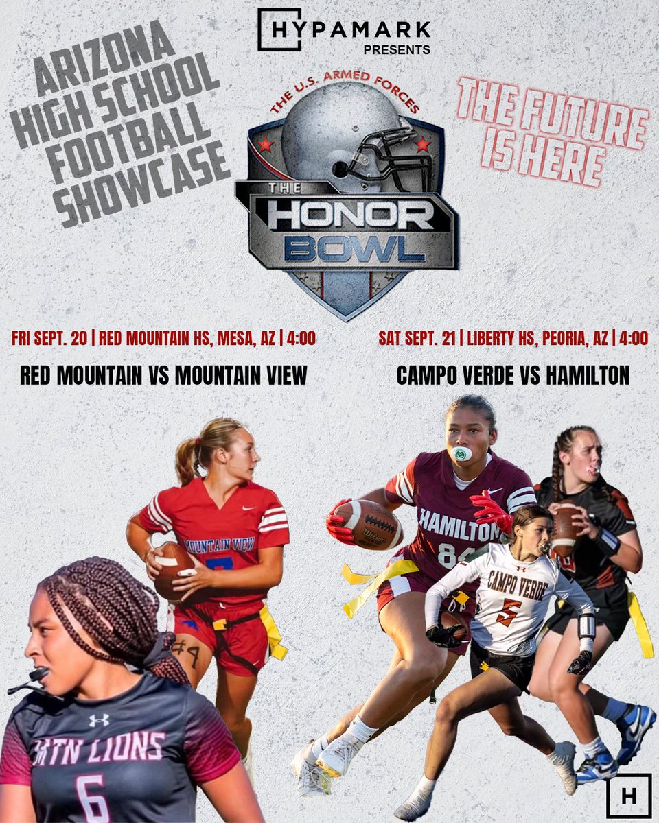 🚨🏈The @HonorBowl introduces the first Honor Bowl in Arizona and the first-ever girls flag football games. 🆚Red Mountain vs. Mountain View 📆Friday September 20th ⏰4:00 pm 📍Red Mountain High School, Mesa, AZ. 🆚Hamilton vs. Campo Verde 📆Saturday, September 21st ⏰4:00