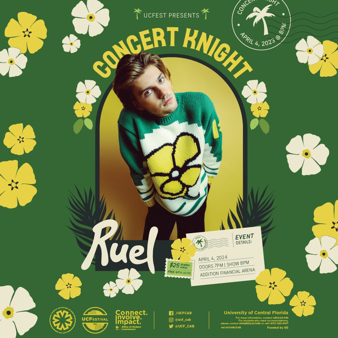 Seeing Ruel live might be your 🎶Painkiller 🎶 Come see Australian singer and songwriter Ruel play some of his best songs live for UCFest Concert Knight! Buy your tickets here - bit.ly/3PD09sH