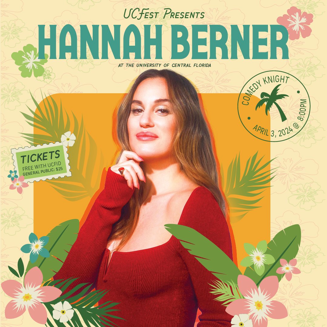 Calling all Gigglers! Come see stand-up comedian Hannah Berner for UCFest Comedy Knight on Wednesday, April 3 at 8:00 pm. ✨🎭 If you haven't gotten your tickets yet, there's still time. Get your tickets here - bit.ly/3TBRyrK