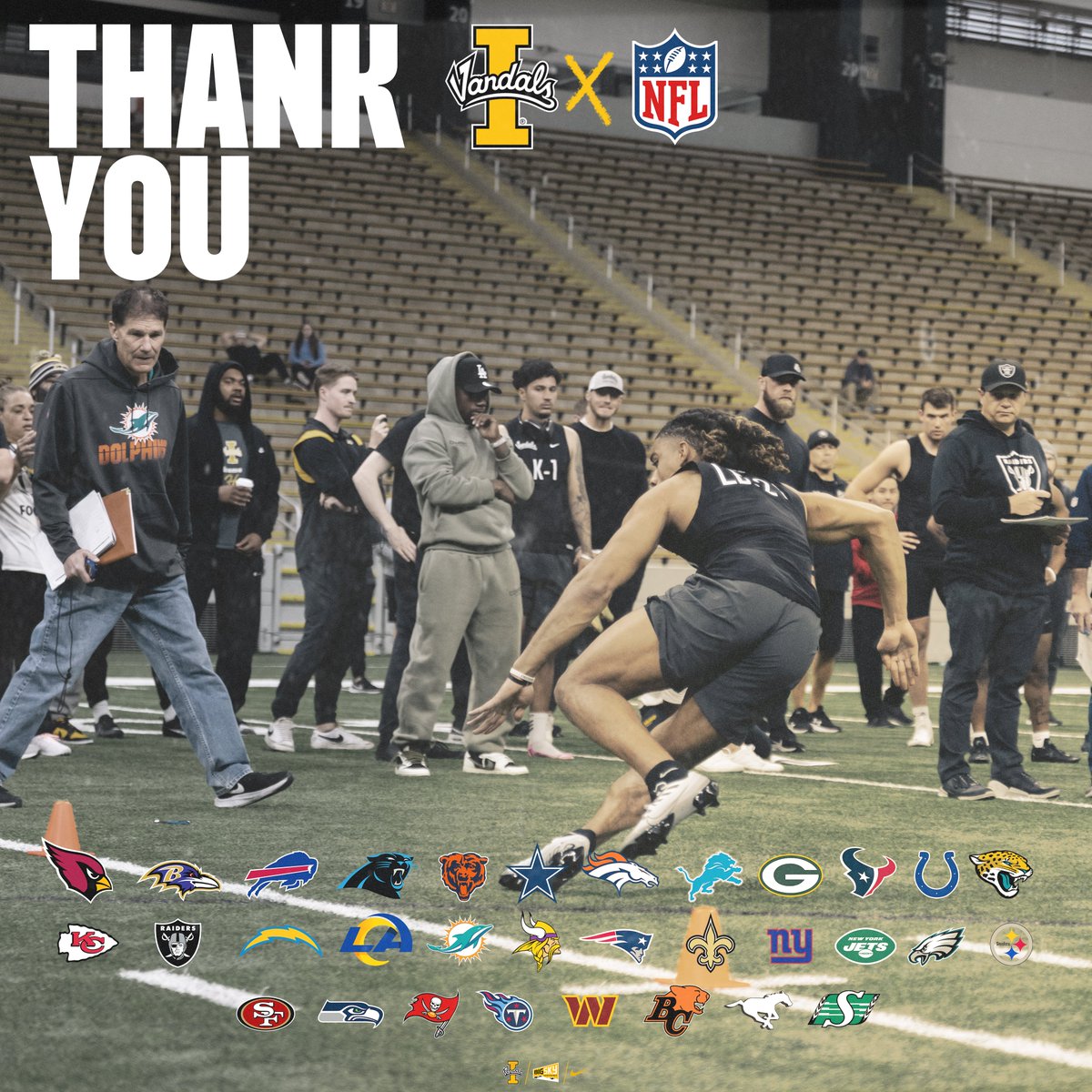 Thank you to the 29 NFL teams and the three CFL teams who came to the P1FCU Kibbie Dome Wednesday for our Vandal Pro Day.