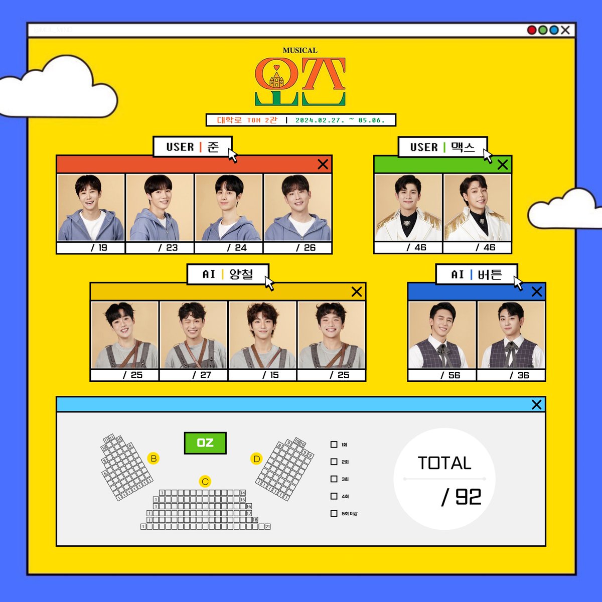 𝟮𝟬𝟮𝟰 뮤지컬 오즈 정산판 🦋🌈
[𝟚𝟘𝟚𝟜.𝟚.𝟚𝟟. ~ 𝟝.𝟞.]

• 오류 및 문제가 있다면 편하게 디엠주세요.ᐟ
• 변동사항 생길 시 타래로 수정본 업로드 :)