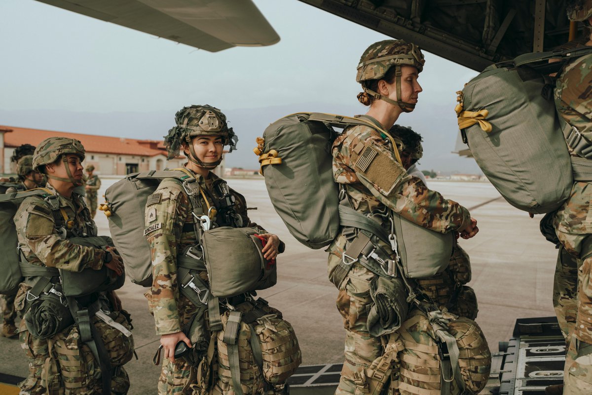 DeptofWar's tweet photo. Breaking barriers and soaring high! 

The @173rdAbnBde celebrates Women’s History Month with their first all-female airborne op. As part of the @USArmy's Contingency Response Force in Europe, they're not just airborne, they're skydiving into history! 🪂✨ #WomensHistoryMonth https://t.co/kZkahrL89c