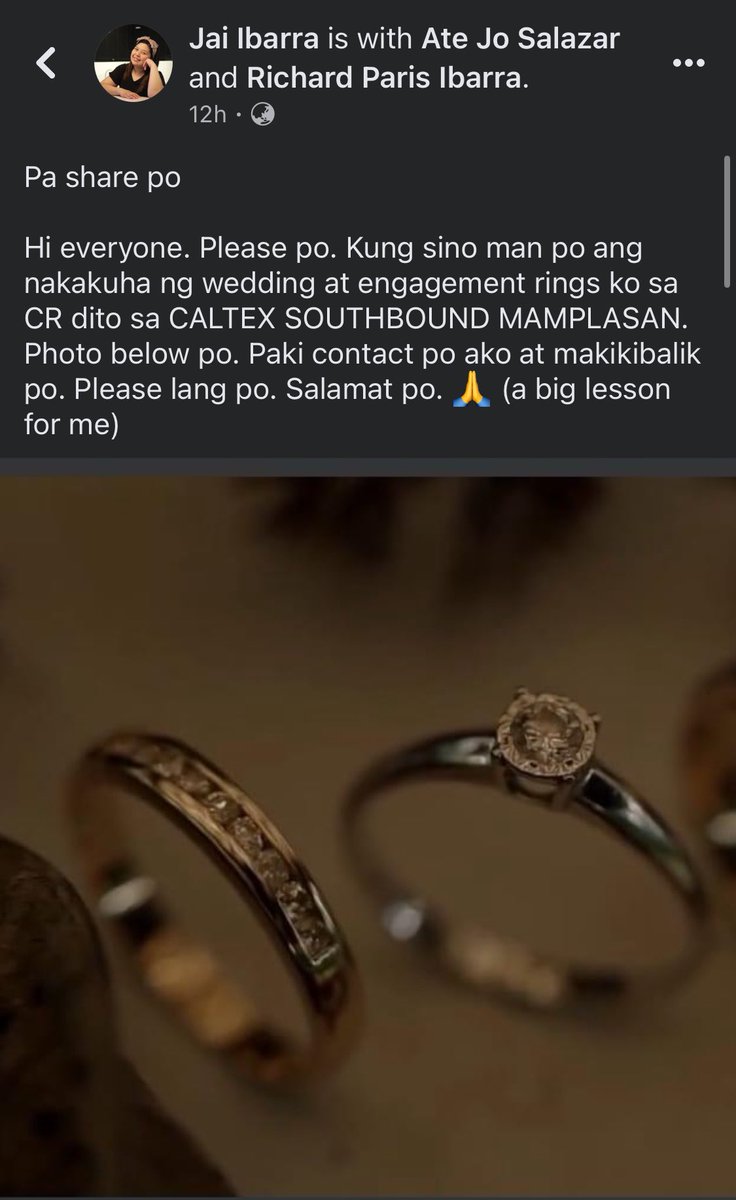 Please help RT!
A friend/ate of mine lost her wedding and engagement rings at Caltex Mamplasan along SLEX southbound. 

Please send them a message on Facebook in case you have leads. Thank you! 🙏🏼