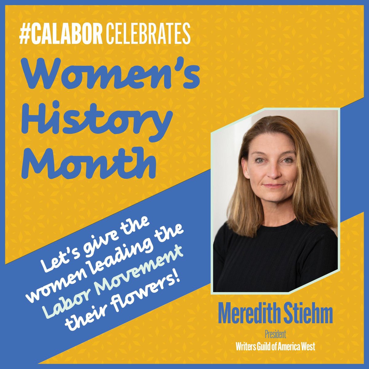 Celebrate @WGAWest President Meredith Stiehm! A card-carrying member since 1994, she’s won an Emmy, Golden Globe, Writers Guild & Peabody Award, in addition to being a strong labor advocate & champion of WGAW members & their union! #WomensHistoryMonth #HerStoryInspires