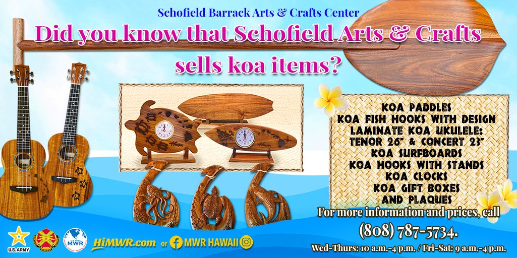 Did you know that Schofield Arts and Crafts sells Koa items?🛍🛒 Check out the variety of Koa items they have available at their store. Perfect for any occasion! Birthdays, graduations, awards ceremony, etc. 💰For more information and prices, please call (808)787-5734.