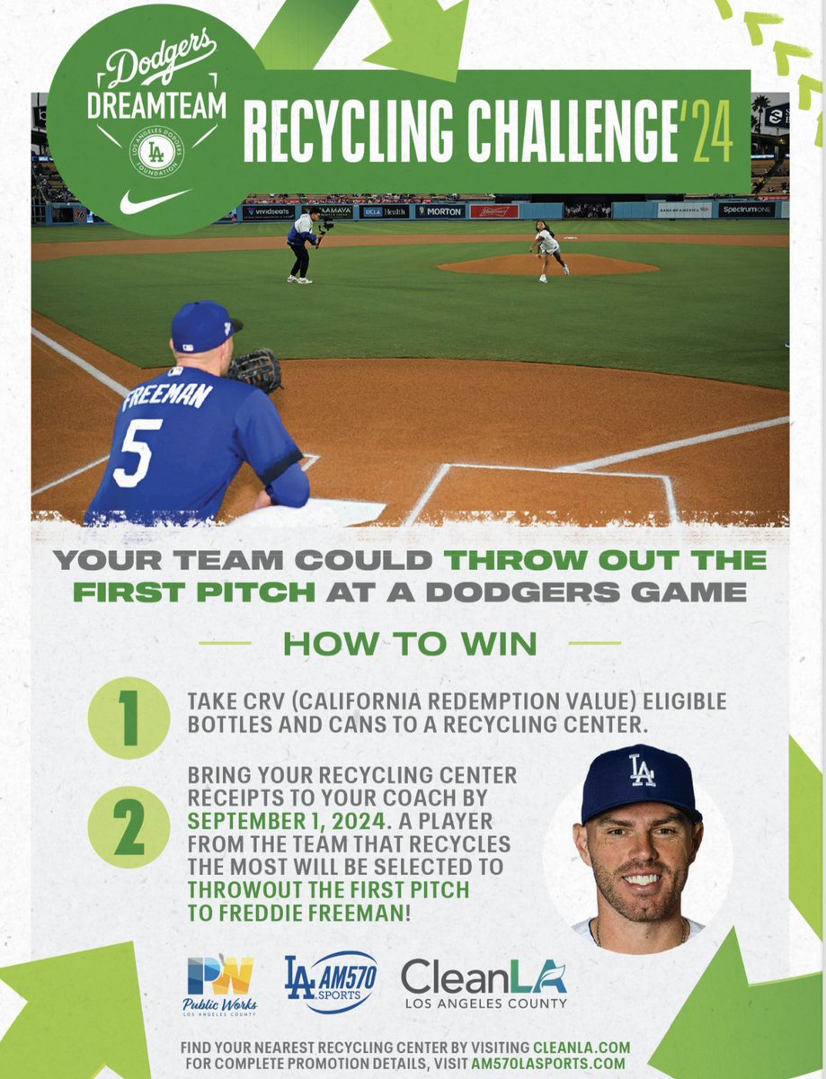 Take your Little League team spirit to the next level with the Dodgers Dreamteam Recycling Challenge!   Help keep our communities clean, and your team could throw out the first pitch at a Dodgers game to⭐ All-Star @FreddieFreeman5 @CleanLA   More: cleanla.com