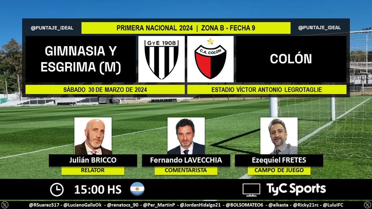 ⚽ #PrimeraNacional 🇦🇷 | #GimnasiaM vs. #Colón 🎙 Relator: Julián Bricco 🎙 Comentarista: @Ferlavecchia 🎙 Campo de juego: Ezequiel Fretes 📺 @TyCSports 🇦🇷 💻📱 @TyCSportsPlay 🇦🇷 🤳 #NacionalEnTyCSports Dale RT 🔃