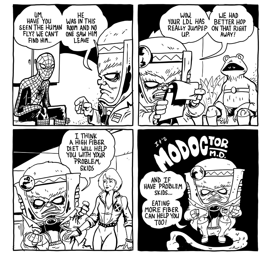In the MODOCtor's office today we have Spiderman, Leap-Frog, and Skids. #modoctor #modok #spiderman #leapfrog #skids #comic