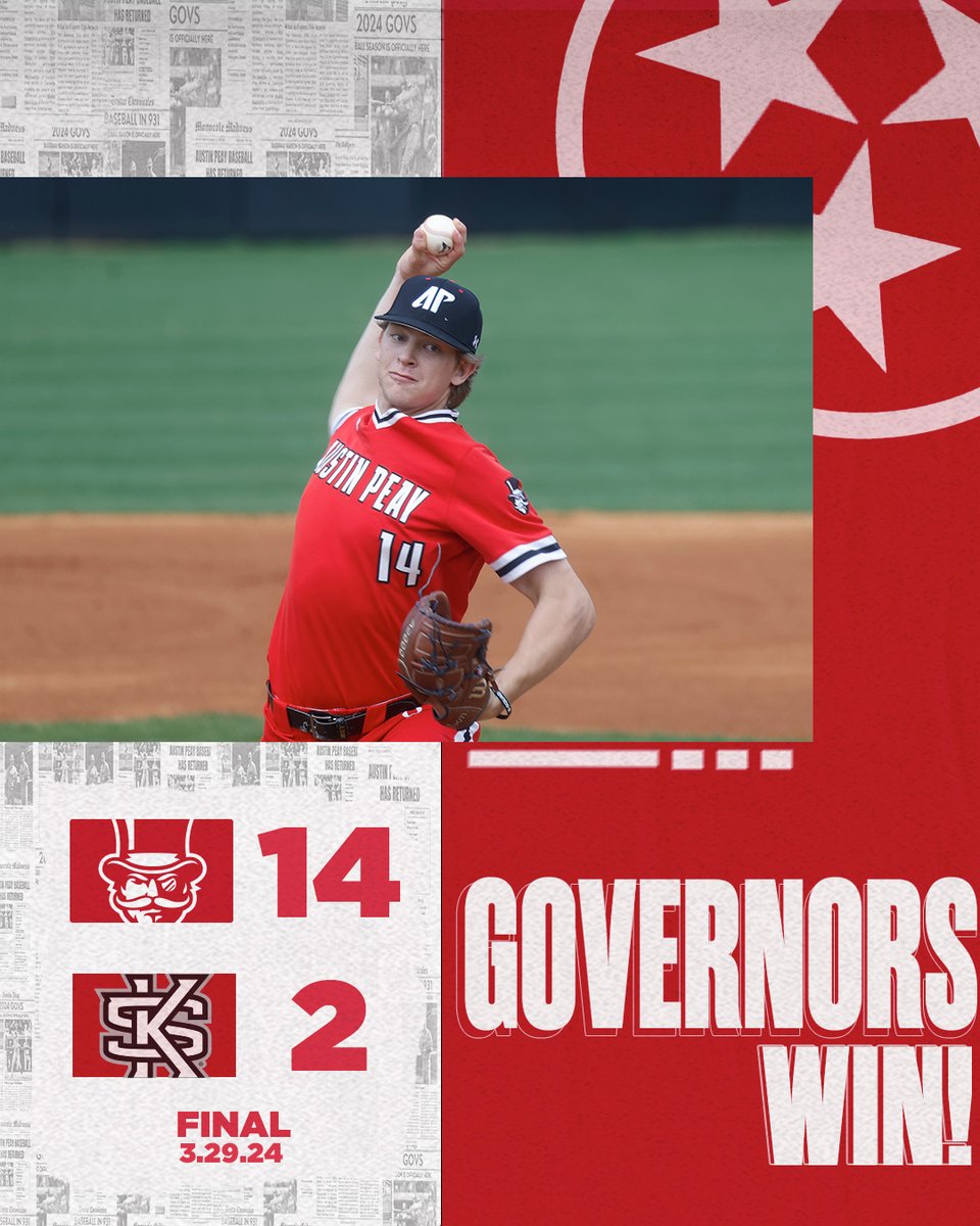 Smash. Bang. To Victory! The Govs level the @ASUNSports series at Kennesaw State with a run-rule victory behind a complete-game effort by @jacob_weaver14. #LetsGoPeay | #⃣🅱️🅰️🆖